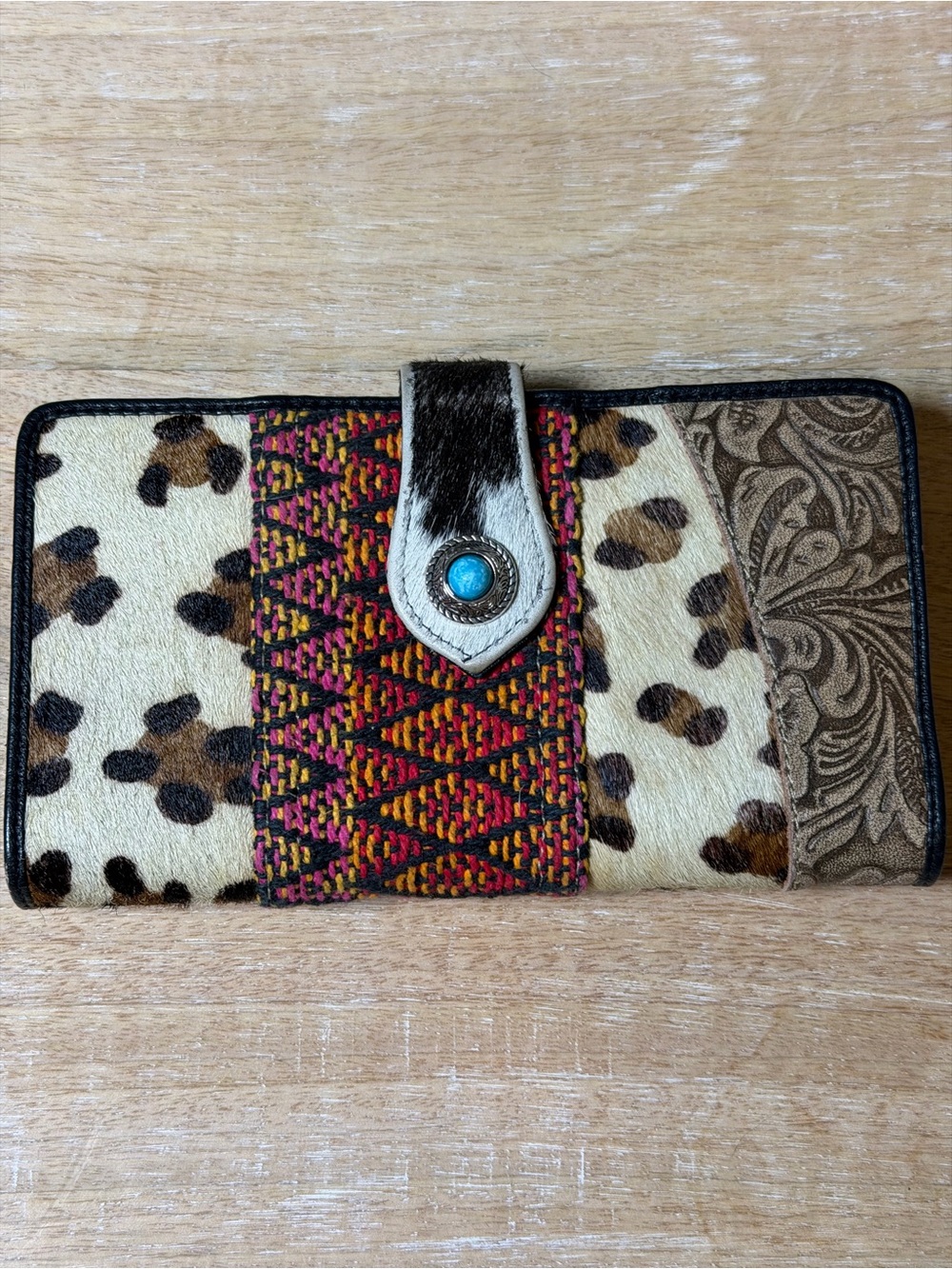 Myra Bag Western Cowhide Leopard Print Turquoise Concho Wallet Boho